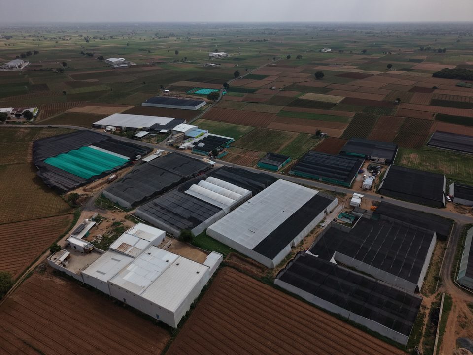 Aerial view of a farm complex built out by Avishkar Agribiz